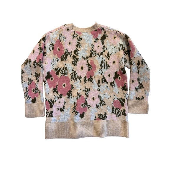 Zara Women Pink Floral Knit Crewneck Sweater Tan Green Abstract Size S - Picture 6 of 10
